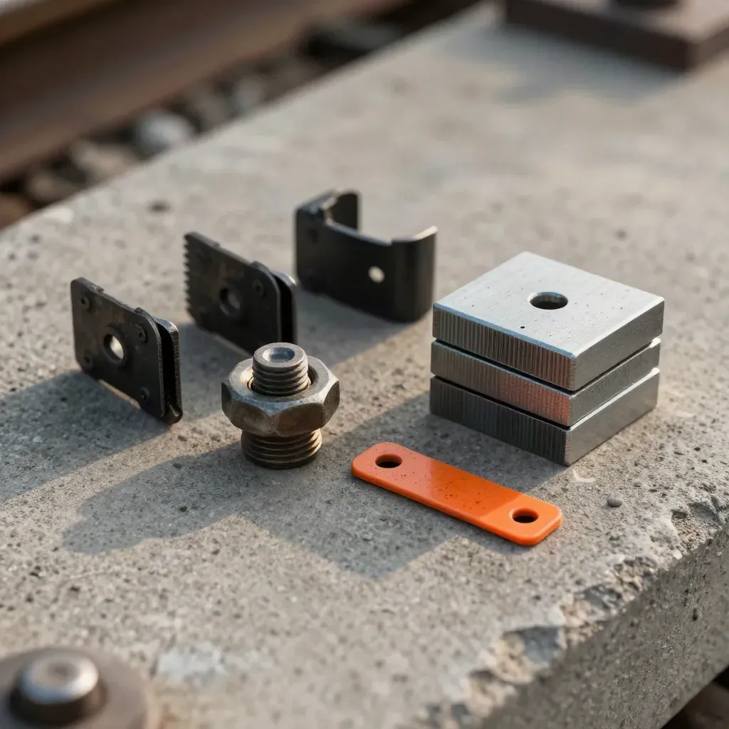 Rail fastening clips, bolt heads, and steel gauge blocks on concrete in soft daylight.