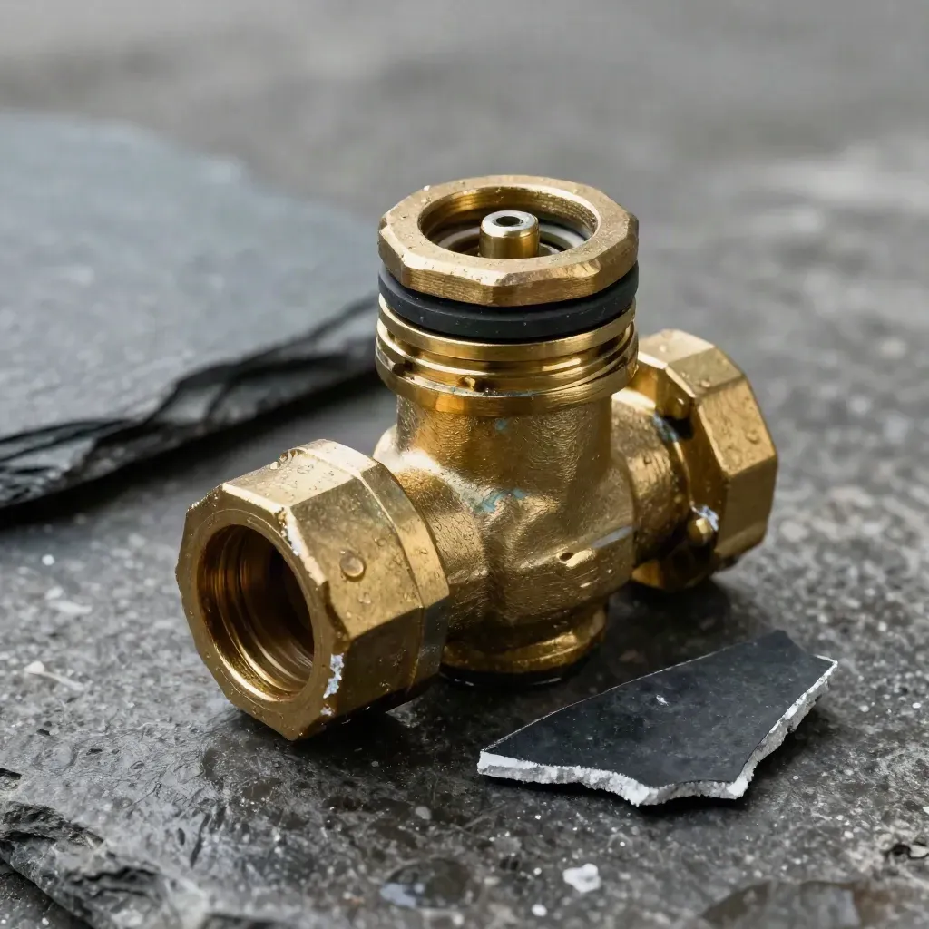Brass valve parts and slate on damp stone in dramatic macro light.