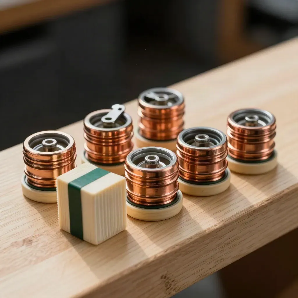 HVAC service caps, copper ferrules, and filter frame corners on pale wood under dramatic studio light.