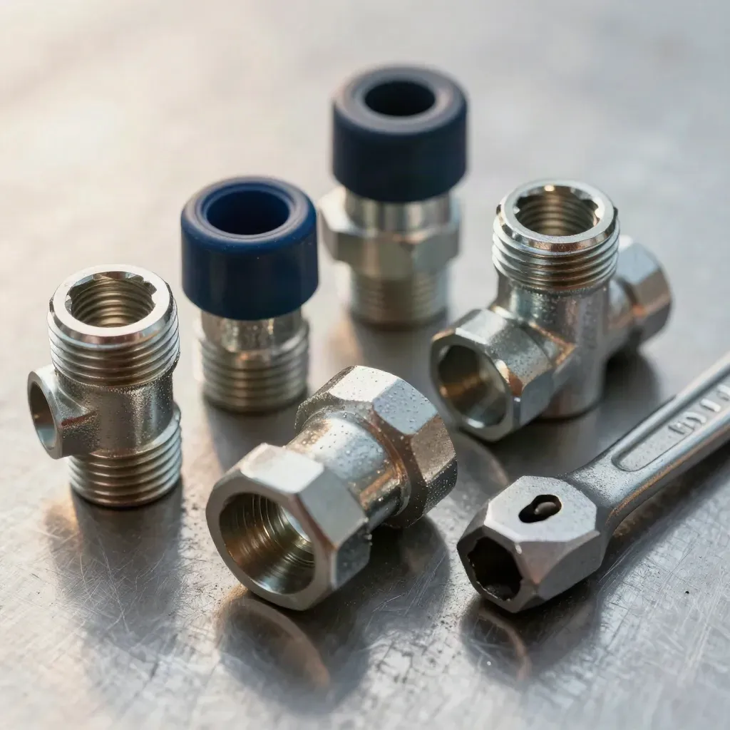Macro flat lay of electrical conduit parts and a torque wrench head on brushed steel.
