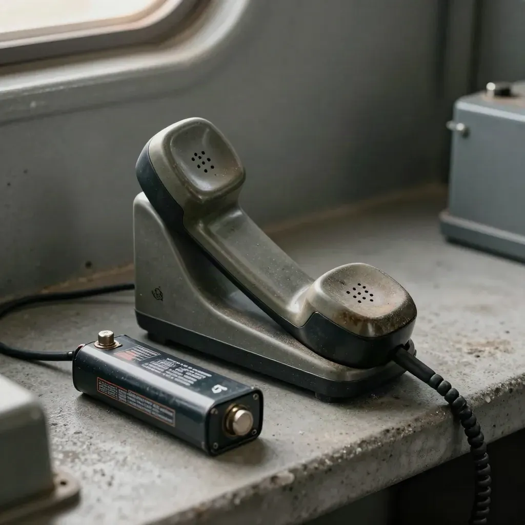 Weathered radio handset in cradle with spare battery and coiled lead on a concrete bench.