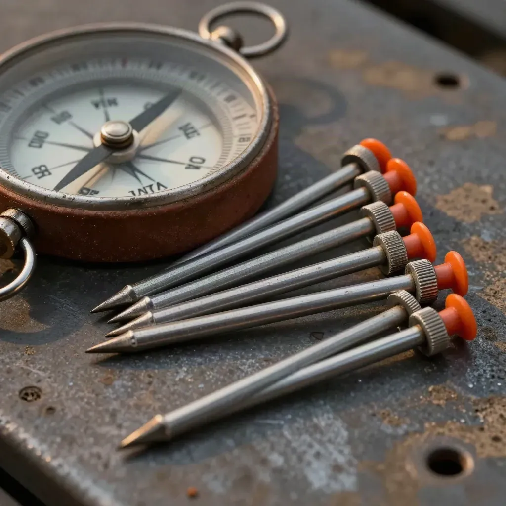 Survey compass, mileage wheel and route pins on a dusty steel work surface