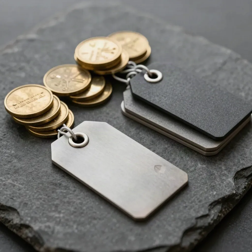 Macro still life of job tags, brass punch tokens and magnetic marker discs on slate