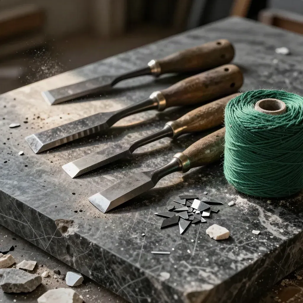 Stone chisels, diamond blade segments, and a forest-green mason's line spool on dark basalt.
