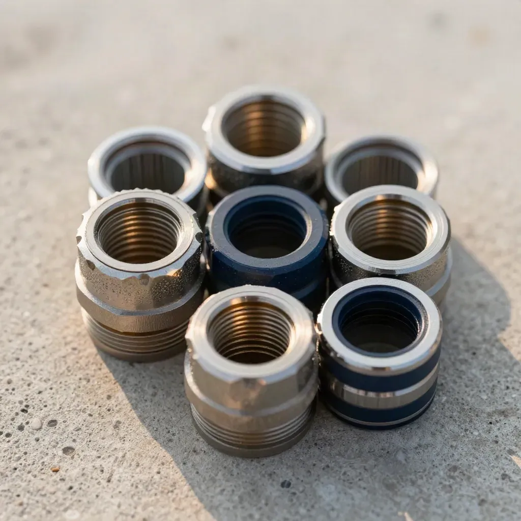 Macro still life of irrigation couplers, filter housing, and hose rings on pale concrete.