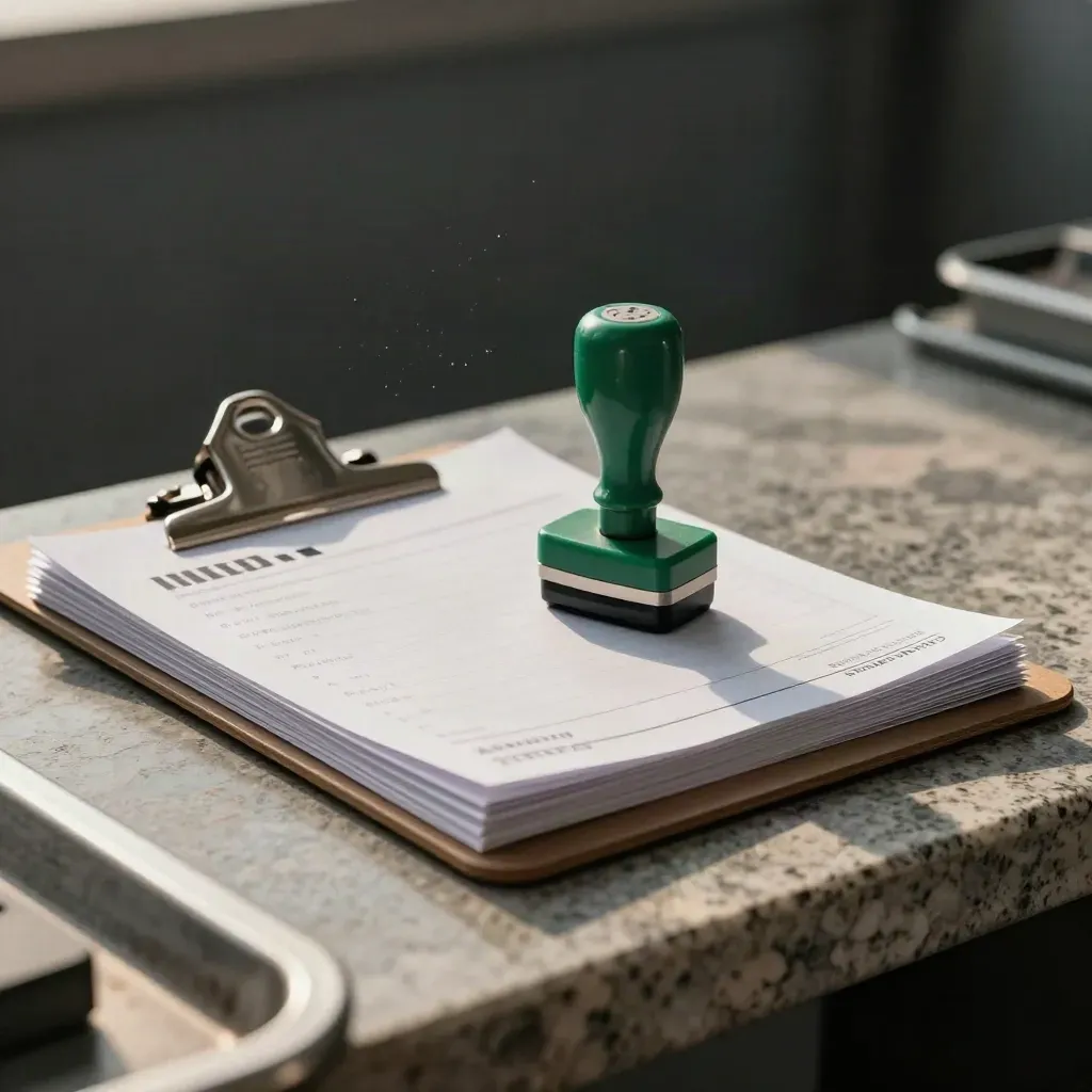 Metal clipboard, work ticket stack, stamp and clamp on a concrete bench in dramatic studio light.