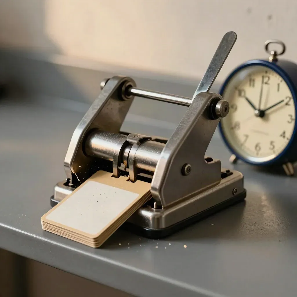 Macro of a time punch with face-down punch cards and a small desk clock on a graphite bench.