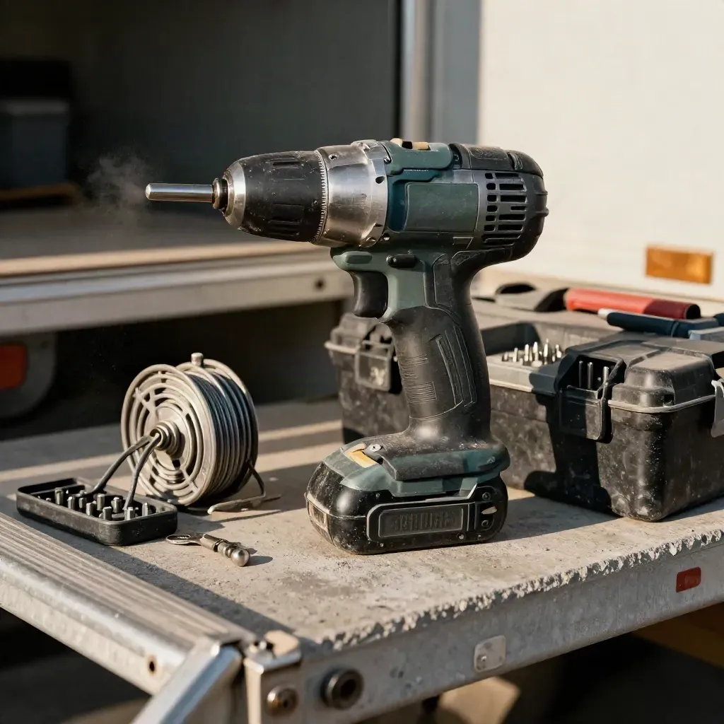Impact driver, chalk line reel, bit case, and fastener box beside a blurred ladder rung.