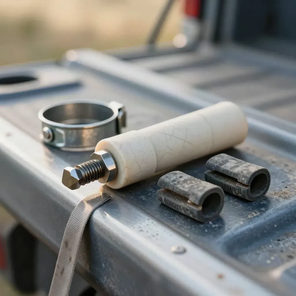 Utility repair tools—hot-stick ferrule, fuse carrier, line clamp, and blanket clips on a truck tailgate