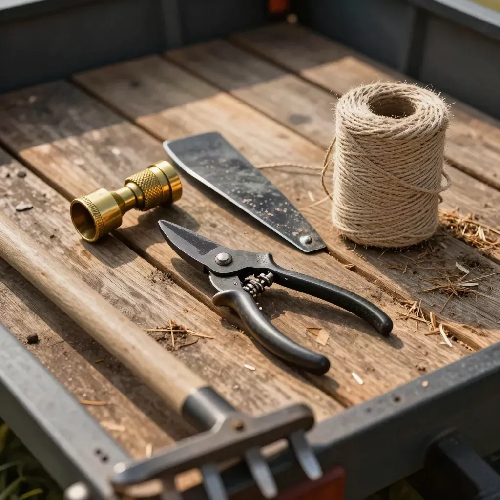 Landscaping tools on a trailer deck: shears, hose nozzle, edging blade, twine spool.
