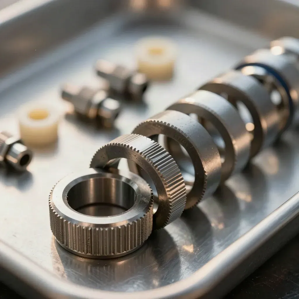 Macro of machined rings, couplers, and spacers linked on brushed metal with soft light