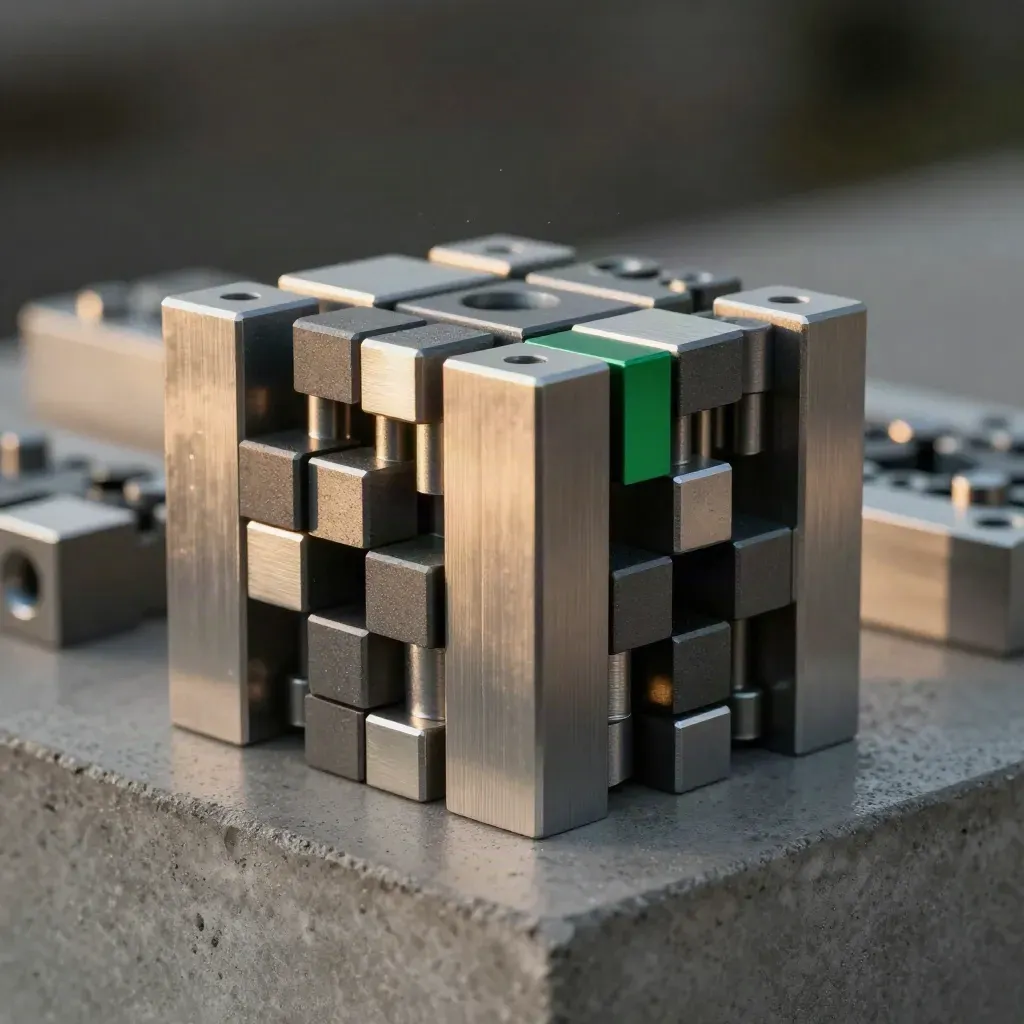 Aluminum modular blocks with dovetail joints and green accent on concrete