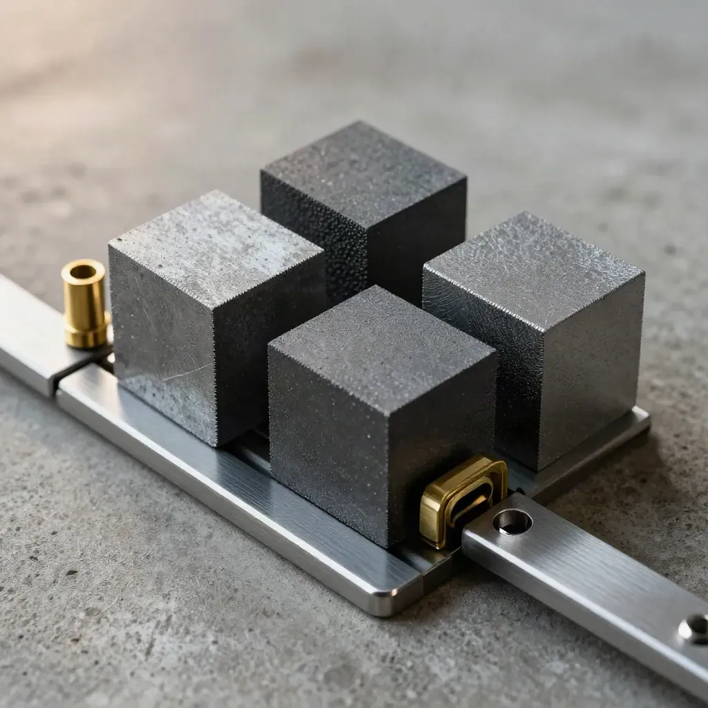 Graphite cubes, brass spacers, and a steel rail on concrete in a top-down macro still life.