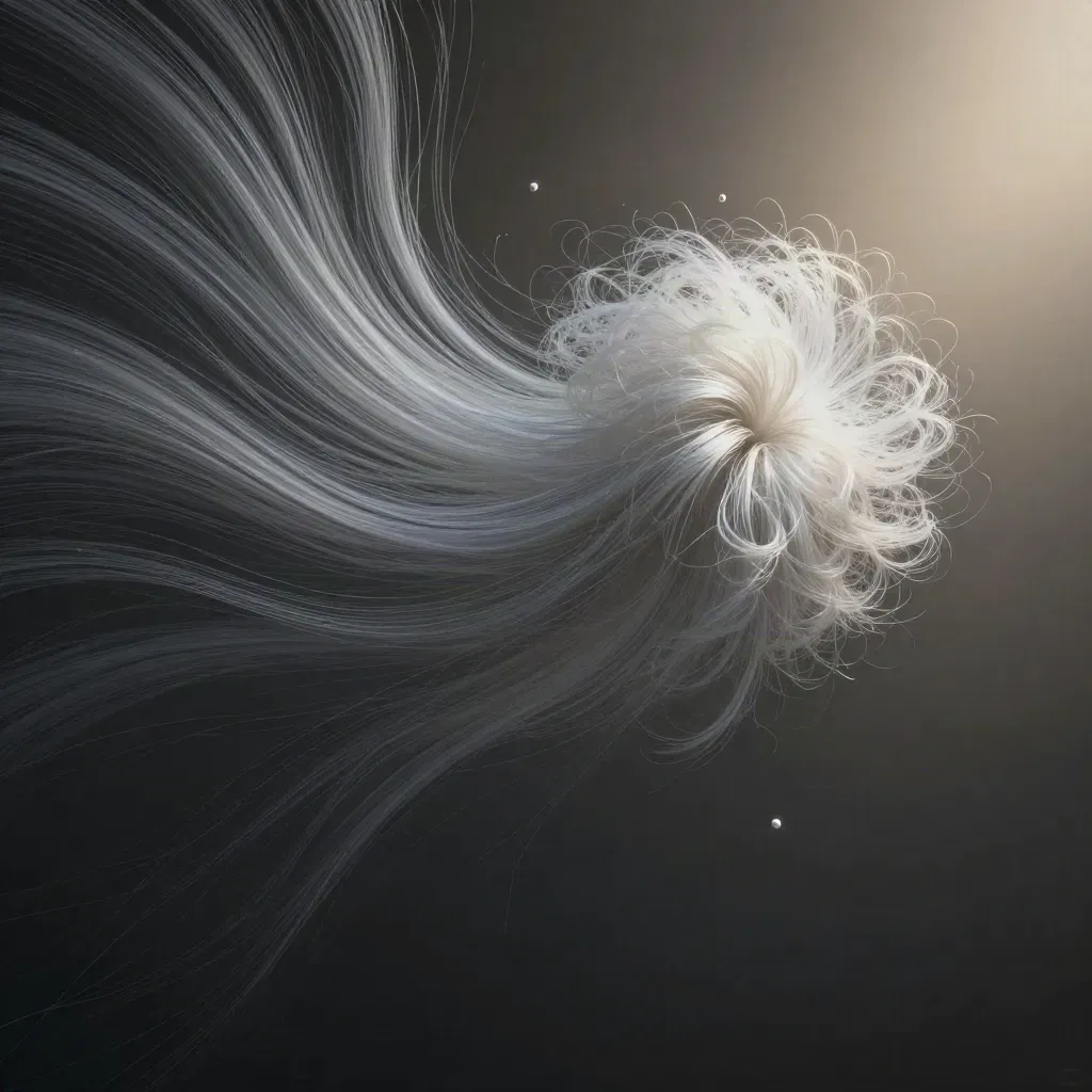 Silver light filaments converge into a soft off-centre bloom in dark graphite haze.